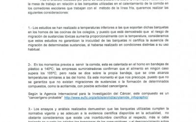 Comunicado de la plataforma de comedores escolares con respecto a las barquetas de plástico