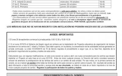 Circular del colegio sobre reuniones con los padres al inicio curso escolar y sondeo sobre los tiempos escolares