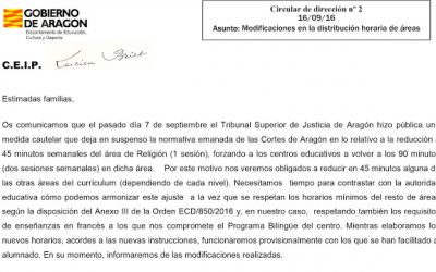 Circular del colegio sobre modificaciones en la distribución horaria