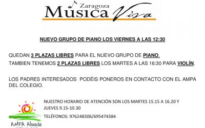 NUEVO GRUPO DE PIANO LOS VIERNES A LAS 12:30 Y VACANTES DE VIOLÍN LOS MARTES A LAS 16:45 H