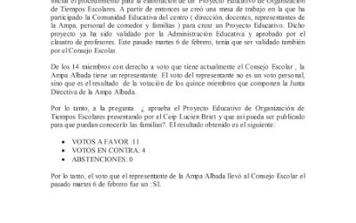 CIRCULAR AMPA ALBADA SOBRE TIEMPOS ESCOLARES