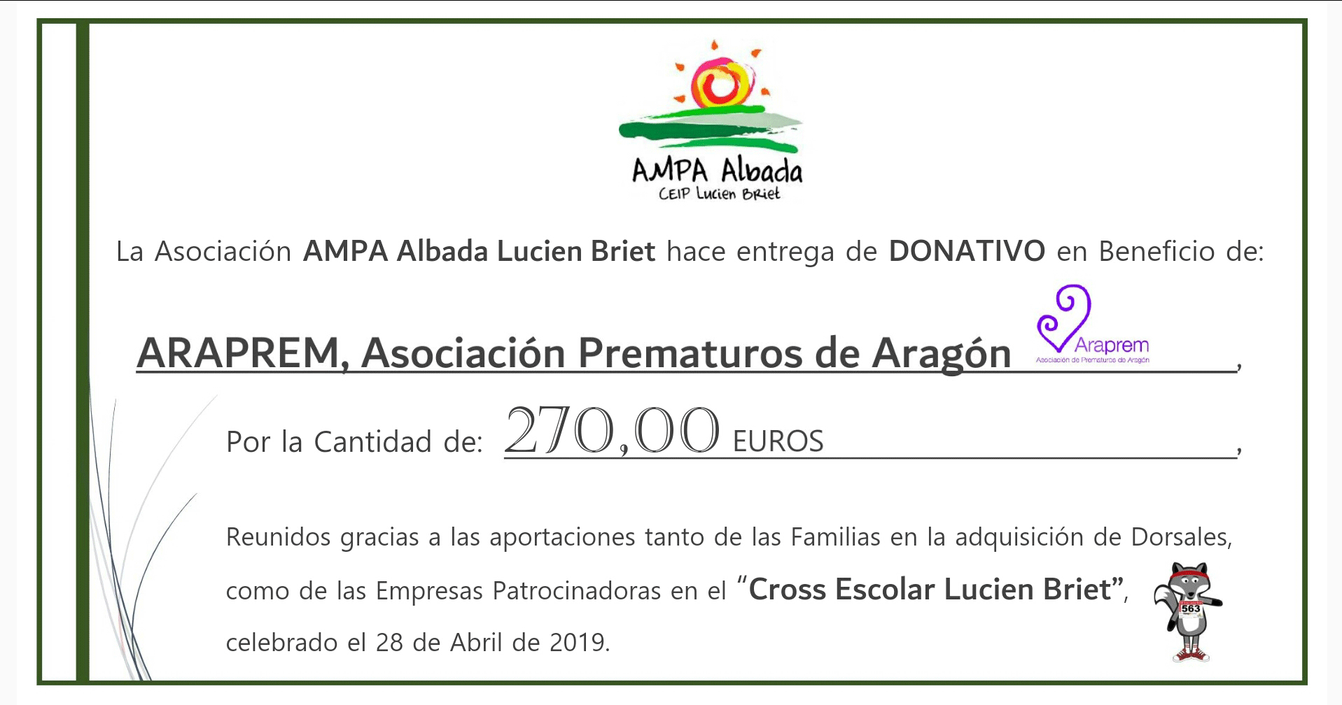 Entrega Cheque Solidario a Araprem: Cross Lucien Briet 2019